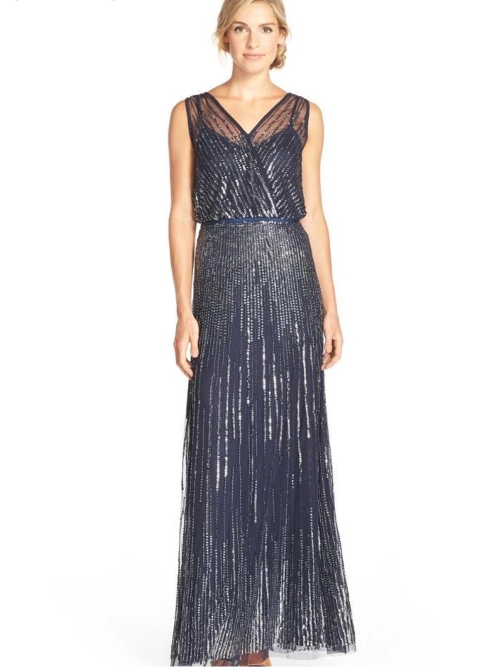 Adrianna Papell Navy Sequined V-Neck Maxi Gown
